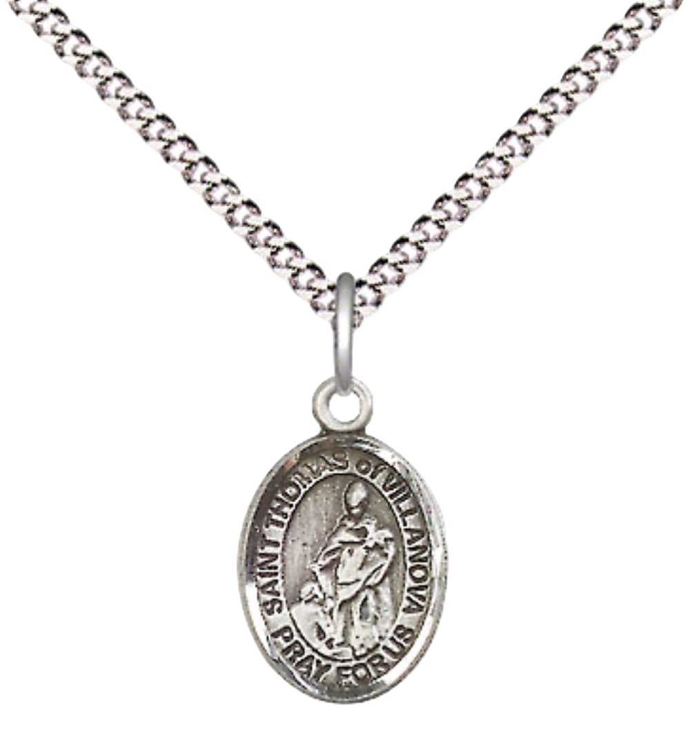 Small Sized Women's .925 Sterling Silver Saint St. Thomas of Villanova Medal Pendant on 18 Inch Rhodium Plated Lite Curb Brass Chain with Lobster Claw Clasp, Catholic Religious Necklace - Made in USA- Velvet Gift Box