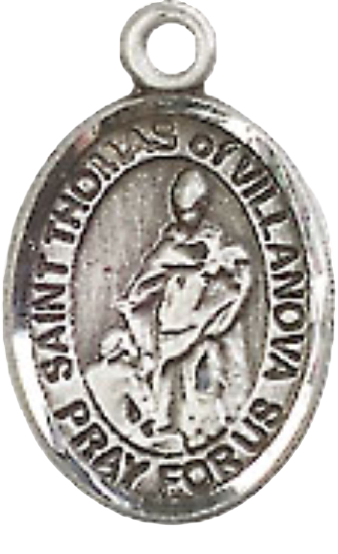 Small Sized Women's Pewter Saint St. Thomas of Villanova Medal Pendant on 18 Inch Rhodium Plated Lite Curb Brass Chain with Lobster Claw Clasp, Catholic Religious Necklace - Made in USA- Velvet Gift Box