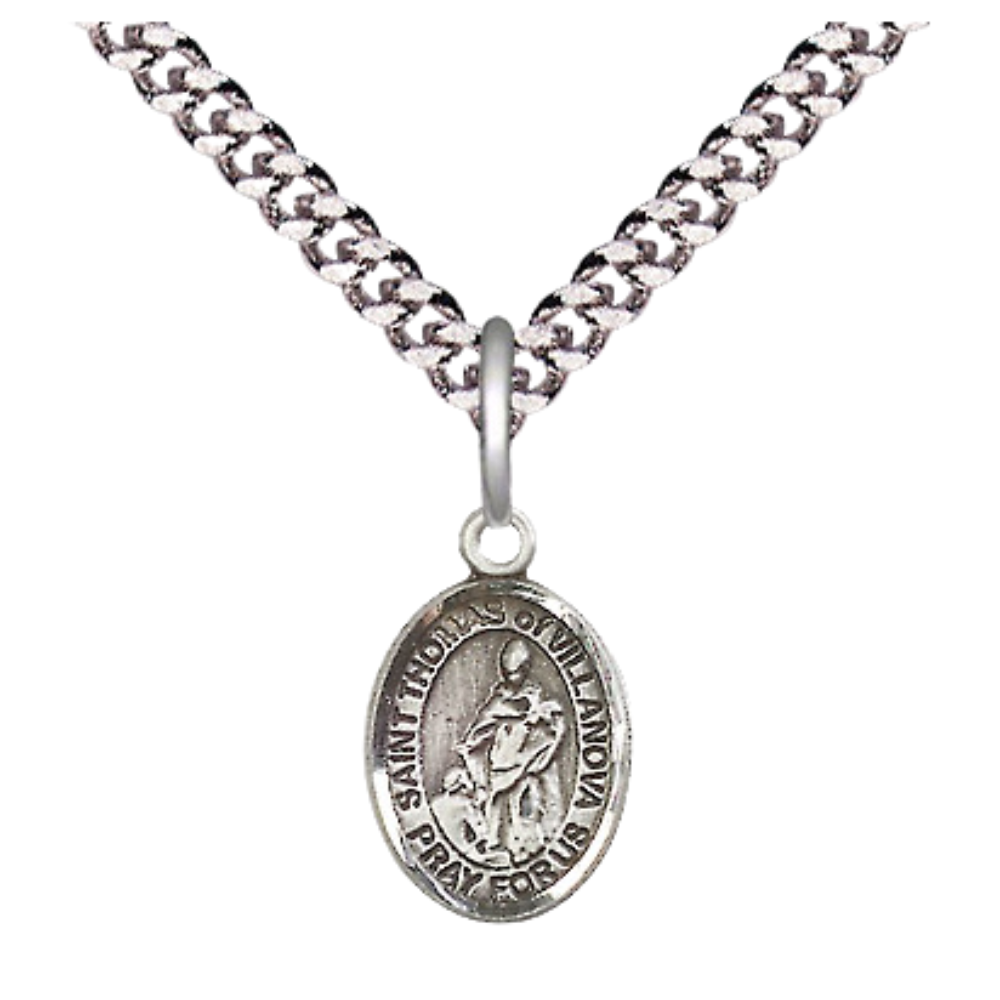 Small Sized Men's Pewter Saint St. Thomas of Villanova Medal Pendant on 24 Inch Endless Rhodium Plated Heavy Curb Brass Chain, Catholic Religious Necklace - Made in USA- Deluxe Velvet Gift Box