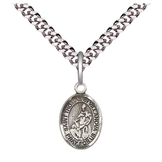 Small Sized Men's .925 Sterling Silver Saint St. Thomas of Villanova Medal Pendant on 24 Inch Endless Rhodium Plated Heavy Curb Brass Chain, Catholic Religious Necklace - Made in USA- Deluxe Velvet Gift Box