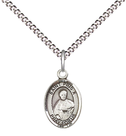 Small Sized Women's Pewter Saint St. Pius X Medal Pendant on 18 Inch Rhodium Plated Lite Curb Brass Chain with Lobster Claw Clasp, Catholic Religious Necklace - Made in USA- Velvet Gift Box