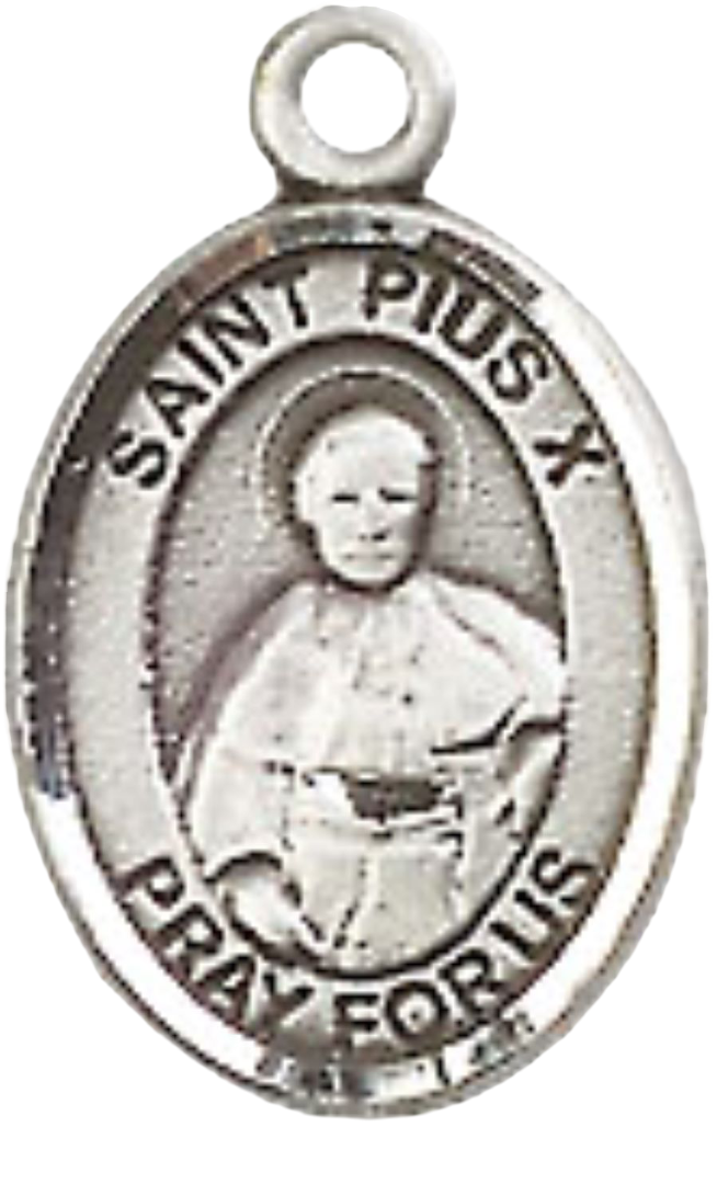 Small Sized Women's Pewter Saint St. Pius X Medal Pendant on 18 Inch Rhodium Plated Lite Curb Brass Chain with Lobster Claw Clasp, Catholic Religious Necklace - Made in USA- Velvet Gift Box