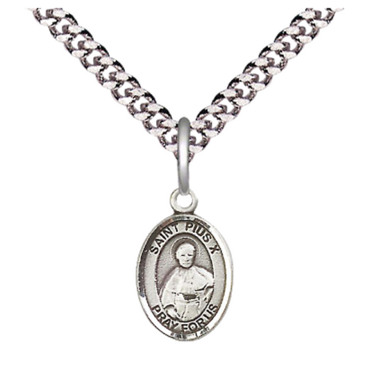 Small Sized Men's Pewter Saint St. Pius X Medal Pendant on 24 Inch Endless Rhodium Plated Heavy Curb Brass Chain, Catholic Religious Necklace - Made in USA- Deluxe Velvet Gift Box