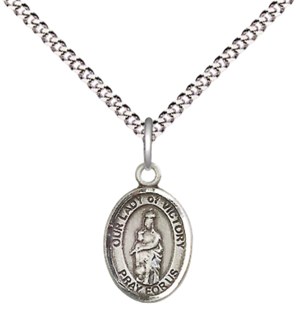 Small Sized Women's Pewter Our Lady of Victory Medal Pendant on 18 Inch Rhodium Plated Lite Curb Brass Chain with Lobster Claw Clasp, Catholic Religious Necklace - Made in USA- Velvet Gift Box