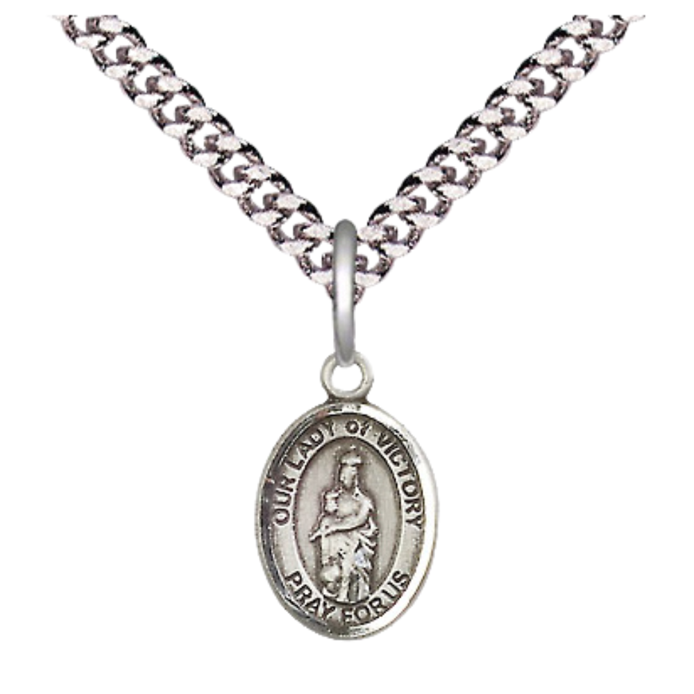 Small Sized Men's Pewter Our Lady of Victory Medal Pendant on 24 Inch Endless Rhodium Plated Heavy Curb Brass Chain, Catholic Religious Necklace - Made in USA- Deluxe Velvet Gift Box