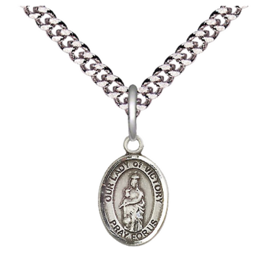 Small Sized Men's Pewter Our Lady of Victory Medal Pendant on 24 Inch Endless Rhodium Plated Heavy Curb Brass Chain, Catholic Religious Necklace - Made in USA- Deluxe Velvet Gift Box