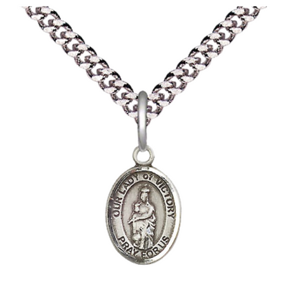 Small Sized Men's .925 Sterling Silver Our Lady of Victory Medal Pendant on 24 Inch Endless Rhodium Plated Heavy Curb Brass Chain, Catholic Religious Necklace - Made in USA- Deluxe Velvet Gift Box
