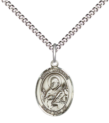 Small Sized Women's Pewter Saint St. Meinrad of Einsideln Medal Pendant on 18 Inch Rhodium Plated Lite Curb Brass Chain with Lobster Claw Clasp, Catholic Religious Necklace - Made in USA- Velvet Gift Box