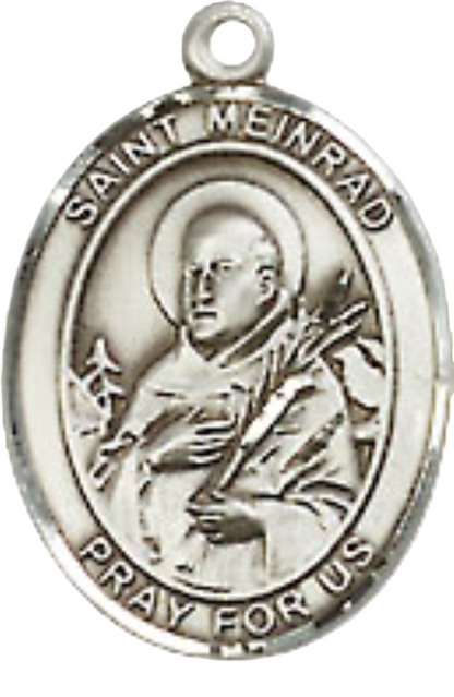Small Sized Women's .925 Sterling Silver Saint St. Meinrad of Einsideln Medal Pendant on 18 Inch Rhodium Plated Lite Curb Brass Chain with Lobster Claw Clasp, Catholic Religious Necklace - Made in USA- Velvet Gift Box