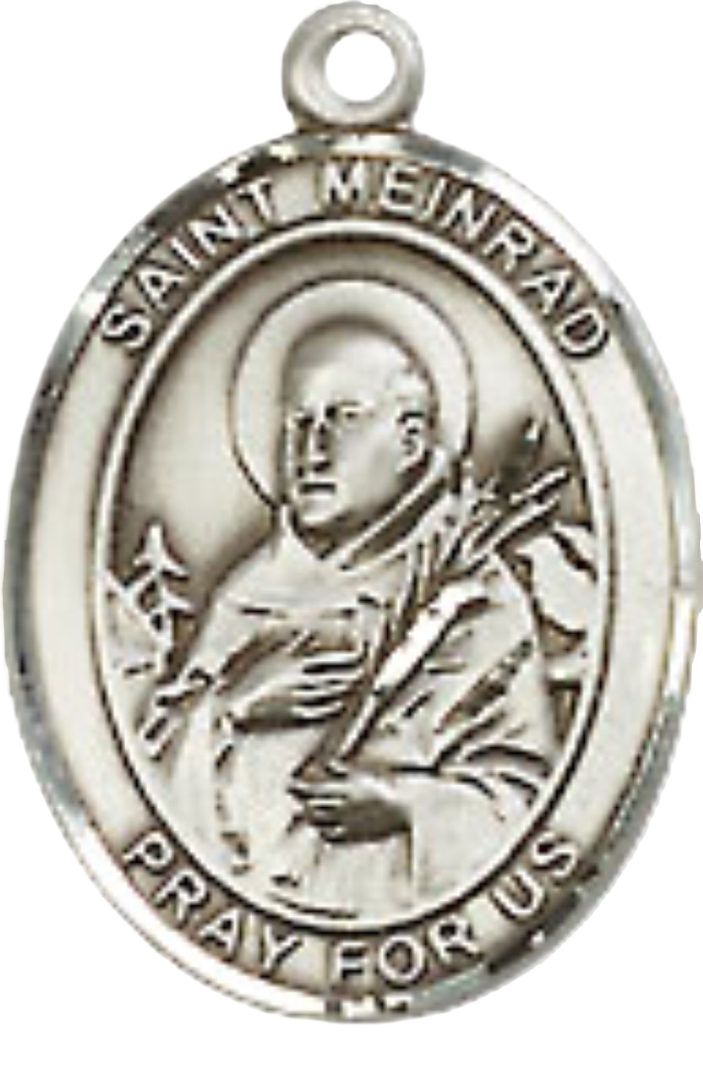 Small Sized Women's Pewter Saint St. Meinrad of Einsideln Medal Pendant on 18 Inch Rhodium Plated Lite Curb Brass Chain with Lobster Claw Clasp, Catholic Religious Necklace - Made in USA- Velvet Gift Box