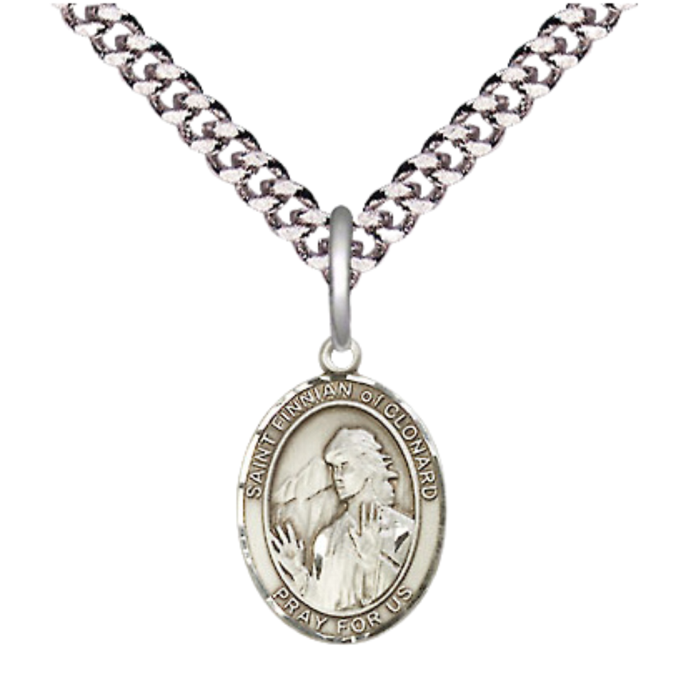 Small Sized Men's Pewter Saint St. Meinrad of Einsideln Medal Pendant on 24 Inch Endless Rhodium Plated Heavy Curb Brass Chain, Catholic Religious Necklace - Made in USA- Deluxe Velvet Gift Box