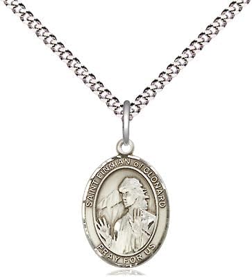 Small Sized Women's Pewter Saint Finnian of Clonard Medal Pendant on 18 Inch Rhodium Plated Lite Curb Brass Chain with Lobster Claw Clasp, Catholic Religious Necklace - Made in USA- Velvet Gift Box