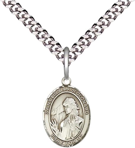 Small Sized Men's Pewter Saint St. Finnian of Clonard Medal Pendant on 24 Inch Endless Rhodium Plated Heavy Curb Brass Chain, Catholic Religious Necklace - Made in USA- Deluxe Velvet Gift Box