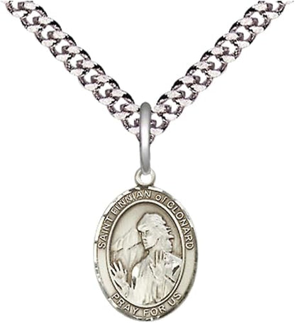 Small Sized Men's Pewter Saint St. Finnian of Clonard Medal Pendant on 24 Inch Endless Rhodium Plated Heavy Curb Brass Chain, Catholic Religious Necklace - Made in USA- Deluxe Velvet Gift Box