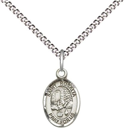Small Sized Women's Pewter Saint St. Rosalia Medal Pendant on 18 Inch Rhodium Plated Lite Curb Brass Chain with Lobster Claw Clasp, Catholic Religious Necklace - Made in USA- Velvet Gift Box