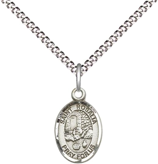 Small Sized Women's Pewter Saint St. Rosalia Medal Pendant on 18 Inch Rhodium Plated Lite Curb Brass Chain with Lobster Claw Clasp, Catholic Religious Necklace - Made in USA- Velvet Gift Box