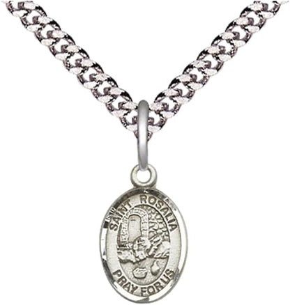 Small Sized Men's Pewter Saint St. Rosalia Medal Pendant on 24 Inch Endless Rhodium Plated Heavy Curb Brass Chain, Catholic Religious Necklace - Made in USA- Deluxe Velvet Gift Box