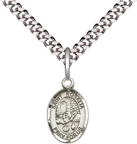 Small Sized Men's Pewter Saint St. Rosalia Medal Pendant on 24 Inch Endless Rhodium Plated Heavy Curb Brass Chain, Catholic Religious Necklace - Made in USA- Deluxe Velvet Gift Box