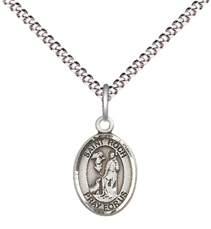 Small Sized Women's Pewter Saint St. Roch Medal Pendant on 18 Inch Rhodium Plated Lite Curb Brass Chain with Lobster Claw Clasp, Catholic Religious Necklace - Made in USA- Velvet Gift Box