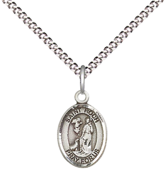 Small Sized Women's Pewter Saint St. Roch Medal Pendant on 18 Inch Rhodium Plated Lite Curb Brass Chain with Lobster Claw Clasp, Catholic Religious Necklace - Made in USA- Velvet Gift Box