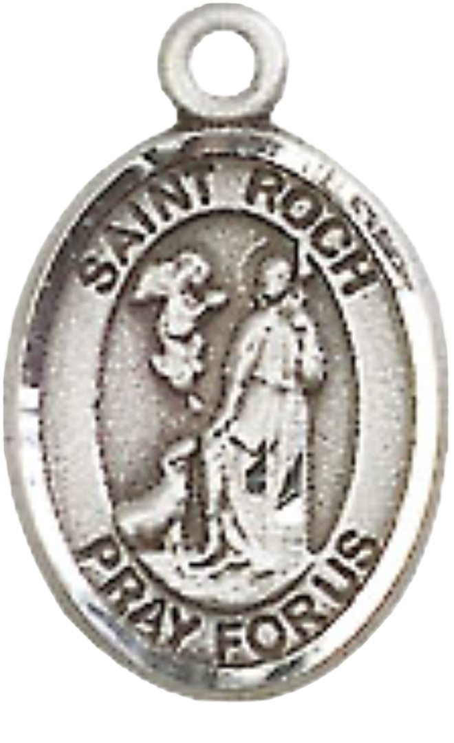 Small Sized Women's Pewter Saint St. Roch Medal Pendant on 18 Inch Rhodium Plated Lite Curb Brass Chain with Lobster Claw Clasp, Catholic Religious Necklace - Made in USA- Velvet Gift Box
