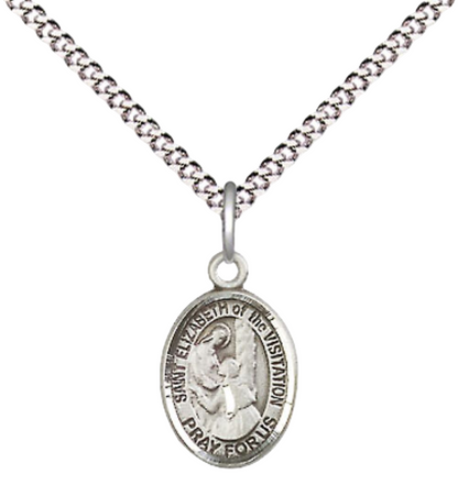 Small Sized .925 Sterling Silver Saint St. Elizabeth of the Visitation Medal Pendant on 18 Inch Rhodium Plated Lite Curb Brass Chain w/ Lobster Claw Clasp, Catholic Religious Necklace- Made in USA- Velvet Gift Box