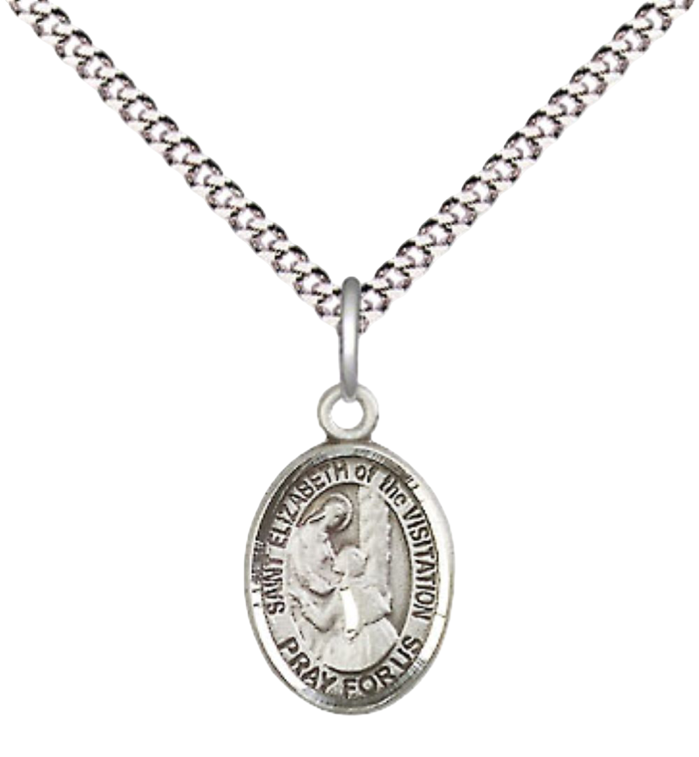 Small Sized .925 Sterling Silver Saint St. Elizabeth of the Visitation Medal Pendant on 18 Inch Rhodium Plated Lite Curb Brass Chain w/ Lobster Claw Clasp, Catholic Religious Necklace- Made in USA- Velvet Gift Box