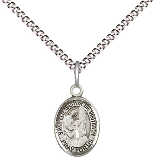 Small Sized Women's Pewter Saint St. Elizabeth of the Visitation Medal Pendant on 18 Inch Rhodium Plated Lite Curb Brass Chain with Lobster Claw Clasp, Catholic Religious Necklace - Made in USA- Velvet Gift Box