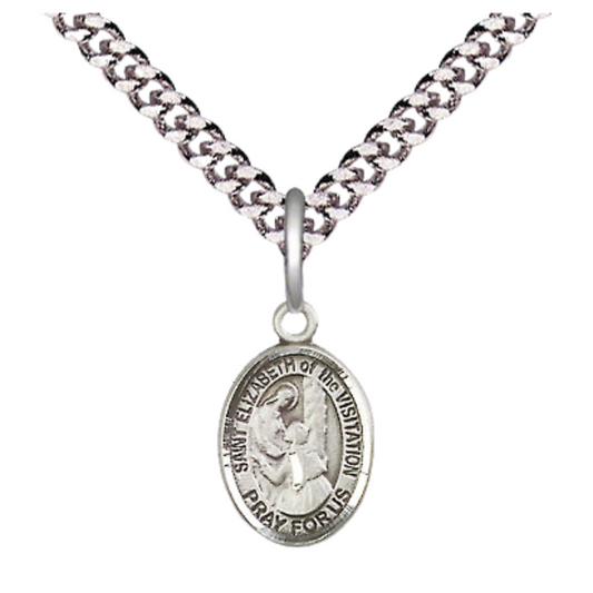 Small Sized Men's Pewter Saint St. Elizabeth of the Visitation Medal Pendant on 24 Inch Endless Rhodium Plated Heavy Curb Brass Chain, Catholic Religious Necklace - Made in USA- Deluxe Velvet Gift Box