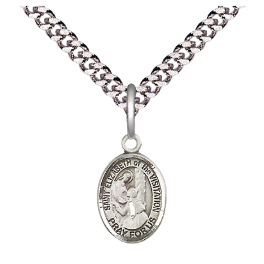 Small Sized Men's Pewter Saint St. Elizabeth of the Visitation Medal Pendant on 24 Inch Endless Rhodium Plated Heavy Curb Brass Chain, Catholic Religious Necklace - Made in USA- Deluxe Velvet Gift Box