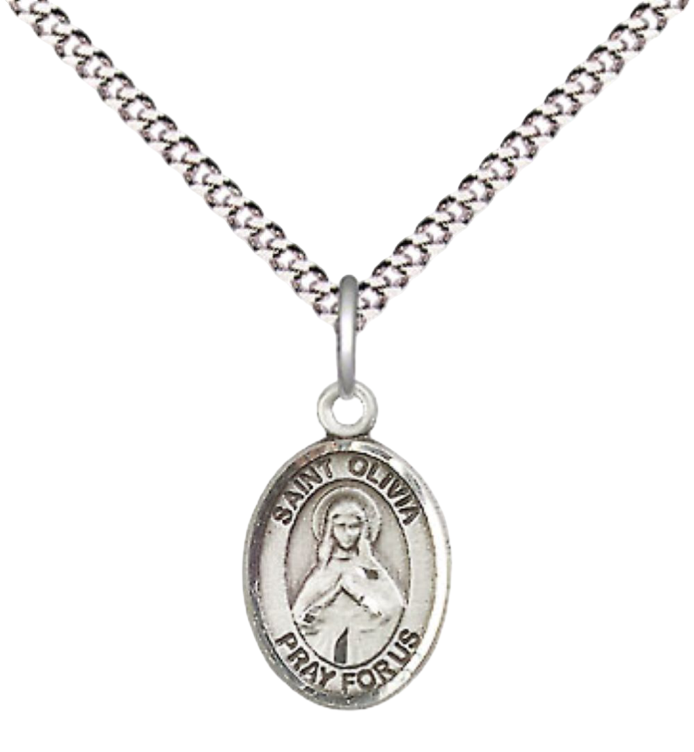 Small Sized Women's .925 Sterling Silver Saint St. Olivia Medal Pendant on 18 Inch Rhodium Plated Lite Curb Brass Chain with Lobster Claw Clasp, Catholic Religious Necklace - Made in USA- Velvet Gift Box