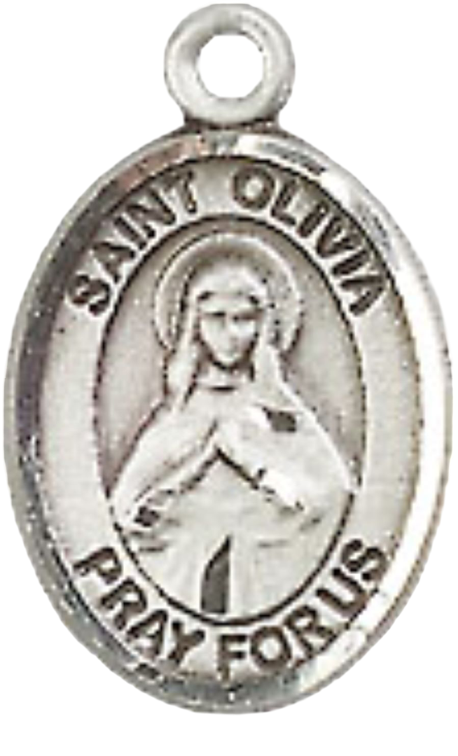 Small Sized Women's Pewter Saint St. Olivia Medal Pendant on 18 Inch Rhodium Plated Lite Curb Brass Chain with Lobster Claw Clasp, Catholic Religious Necklace - Made in USA- Velvet Gift Box