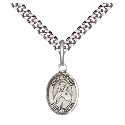 Small Sized Men's Pewter Saint St. Olivia Medal Pendant on 24 Inch Endless Rhodium Plated Heavy Curb Brass Chain, Catholic Religious Necklace - Made in USA- Deluxe Velvet Gift Box