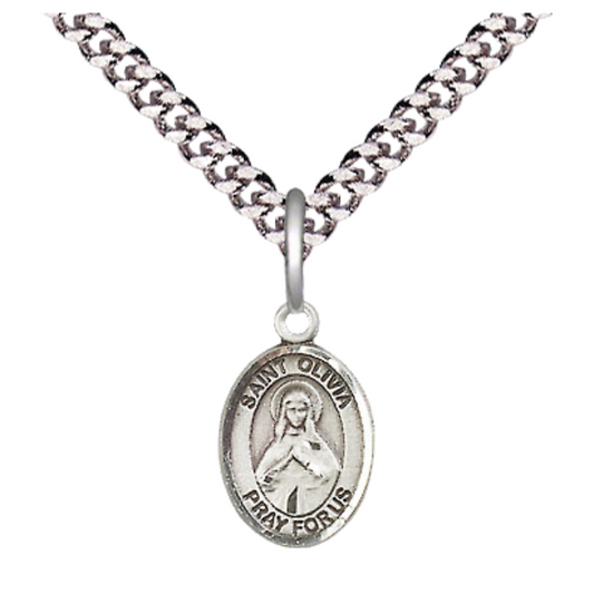 Small Sized Men's Pewter Saint St. Olivia Medal Pendant on 24 Inch Endless Rhodium Plated Heavy Curb Brass Chain, Catholic Religious Necklace - Made in USA- Deluxe Velvet Gift Box