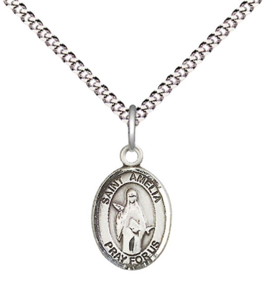 Small Sized Women's Pewter Saint St. Amelia Medal Pendant on 18 Inch Rhodium Plated Lite Curb Brass Chain with Lobster Claw Clasp, Catholic Religious Necklace - Made in USA- Velvet Gift Box
