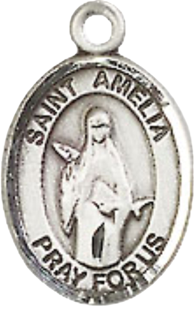 Small Sized Women's .925 Sterling Silver Saint Amelia Medal Pendant on 18 Inch Rhodium Plated Lite Curb Brass Chain with Lobster Claw Clasp, Catholic Religious Necklace - Made in USA- Velvet Gift Box