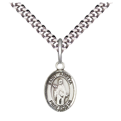 Small Sized Men's Pewter Saint St. Amelia Medal Pendant on 24 Inch Endless Rhodium Plated Heavy Curb Brass Chain, Catholic Religious Necklace - Made in USA- Deluxe Velvet Gift Box