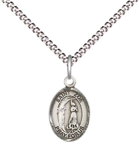 Small Sized Women's Pewter Saint St. Zoe of Rome Medal Pendant on 18 Inch Rhodium Plated Lite Curb Brass Chain with Lobster Claw Clasp, Catholic Religious Necklace - Made in USA- Velvet Gift Box