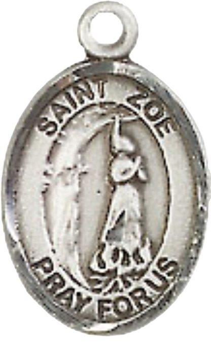 Small Sized Women's Pewter Saint St. Zoe of Rome Medal Pendant on 18 Inch Rhodium Plated Lite Curb Brass Chain with Lobster Claw Clasp, Catholic Religious Necklace - Made in USA- Velvet Gift Box