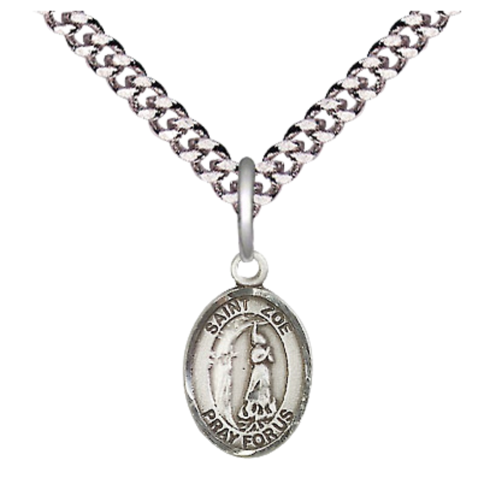 Small Sized Men's Pewter Saint St. Zoe of Rome Medal Pendant on 24 Inch Endless Rhodium Plated Heavy Curb Brass Chain, Catholic Religious Necklace - Made in USA- Deluxe Velvet Gift Box
