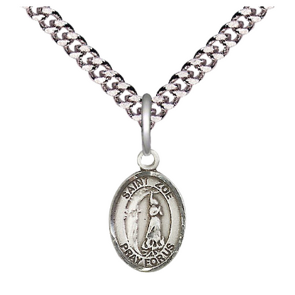 Small Sized Men's .925 Sterling Silver Saint St. Zoe of Rome Medal Pendant on 24 Inch Endless Rhodium Plated Heavy Curb Brass Chain, Catholic Religious Necklace - Made in USA- Deluxe Velvet Gift Box