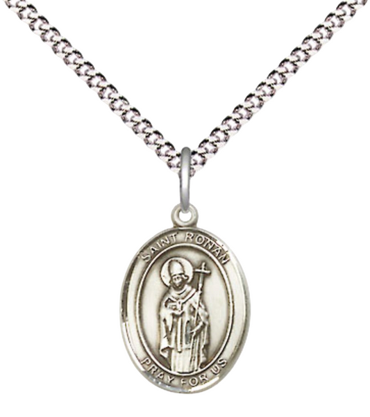 Small Sized Women's Pewter Saint St. Ronan Medal Pendant on 18 Inch Rhodium Plated Lite Curb Brass Chain with Lobster Claw Clasp, Catholic Religious Necklace - Made in USA- Velvet Gift Box