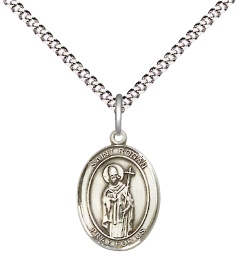 Small Sized Women's Pewter Saint St. Ronan Medal Pendant on 18 Inch Rhodium Plated Lite Curb Brass Chain with Lobster Claw Clasp, Catholic Religious Necklace - Made in USA- Velvet Gift Box