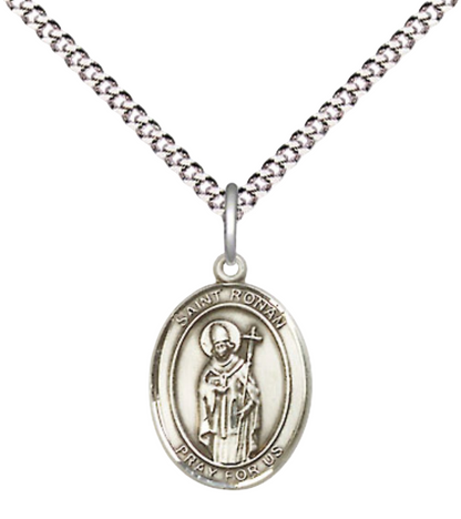 Small Sized Women's Pewter Saint St. Ronan Medal Pendant on 18 Inch Rhodium Plated Lite Curb Brass Chain with Lobster Claw Clasp, Catholic Religious Necklace - Made in USA- Velvet Gift Box