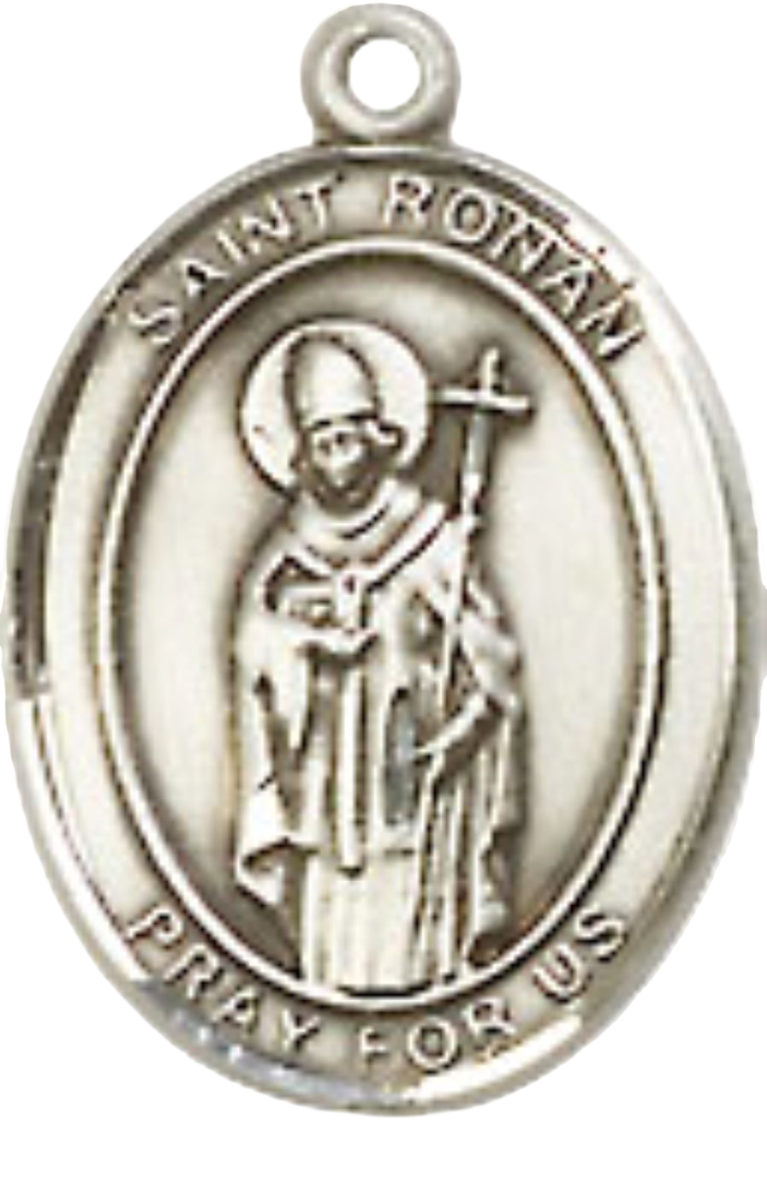 Small Sized Women's .925 Sterling Silver Saint Ronan Medal Pendant on 18 Inch Rhodium Plated Lite Curb Brass Chain with Lobster Claw Clasp, Catholic Religious Necklace - Made in USA- Velvet Gift Box