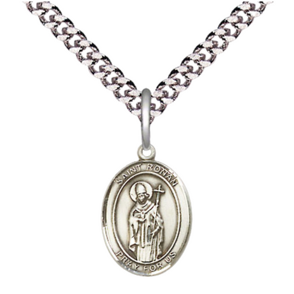 Small Sized Men's .925 Sterling Silver Saint St. Ronan Medal Pendant on 24 Inch Endless Rhodium Plated Heavy Curb Brass Chain, Catholic Religious Necklace - Made in USA- Deluxe Velvet Gift Box
