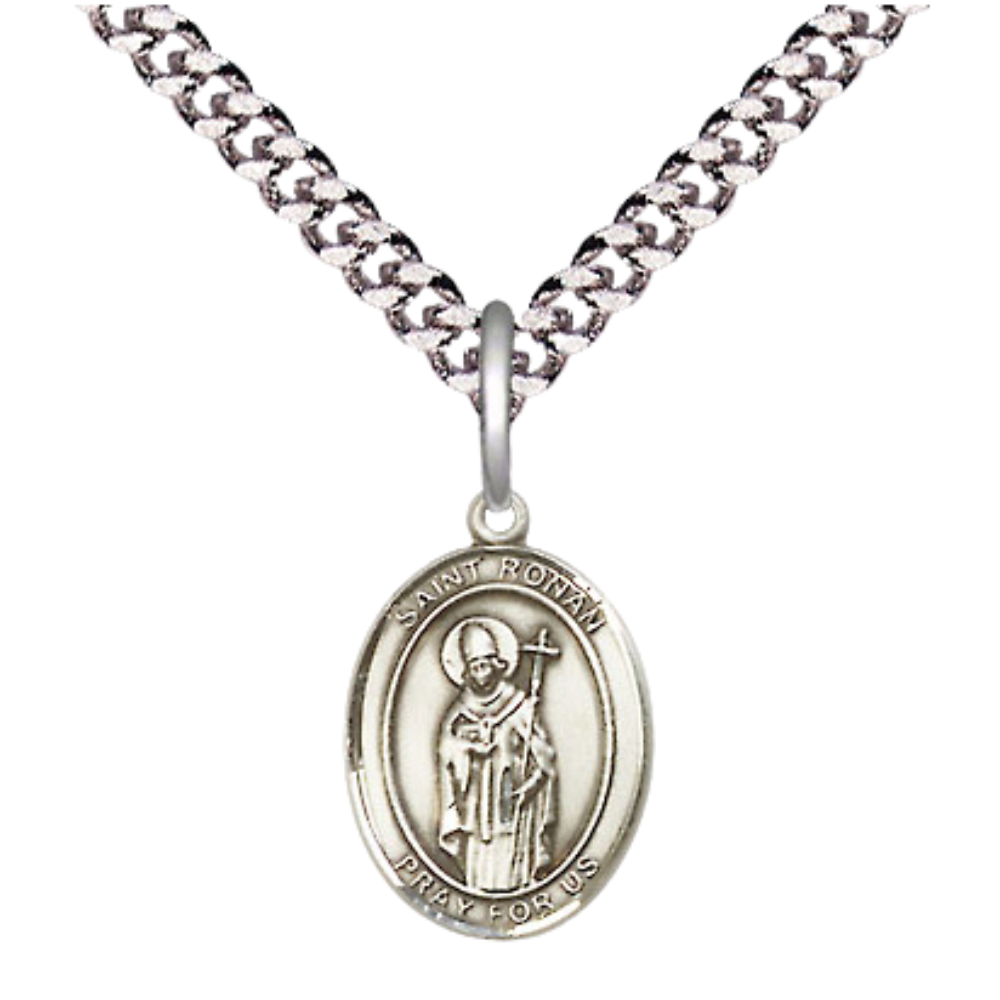 Everlasting Light Jewelry Small Sized Men's Pewter Saint St. Ronan Medal Pendant on 24 Inch Endless Rhodium Plated Heavy Curb Brass Chain, Catholic Religious Necklace - Made in USA- Deluxe Velvet Gift Box
