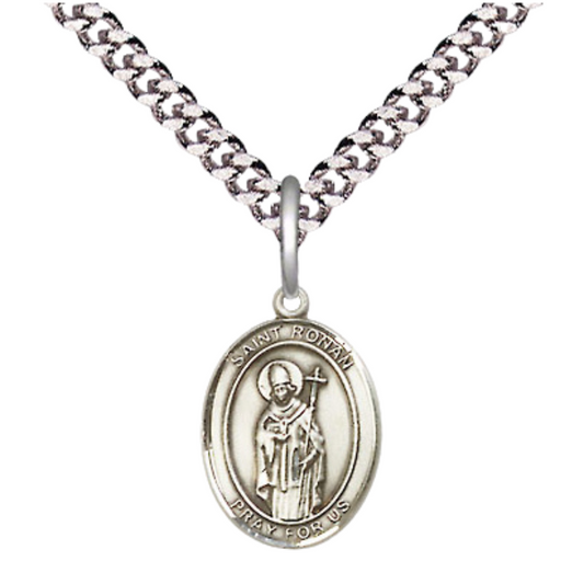 Everlasting Light Jewelry Small Sized Men's Pewter Saint St. Ronan Medal Pendant on 24 Inch Endless Rhodium Plated Heavy Curb Brass Chain, Catholic Religious Necklace - Made in USA- Deluxe Velvet Gift Box
