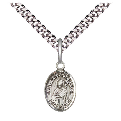 Small Sized Men's .925 Sterling Silver Saint St. Malachy O'More Medal Pendant on 24 Inch Endless Rhodium Plated Heavy Curb Brass Chain, Catholic Religious Necklace - Made in USA- Deluxe Velvet Gift Box