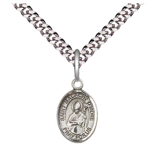 Small Sized Men's Pewter Saint St. Malachy O'More Medal Pendant on 24 Inch Endless Rhodium Plated Heavy Curb Brass Chain, Catholic Religious Necklace - Made in USA- Deluxe Velvet Gift Box